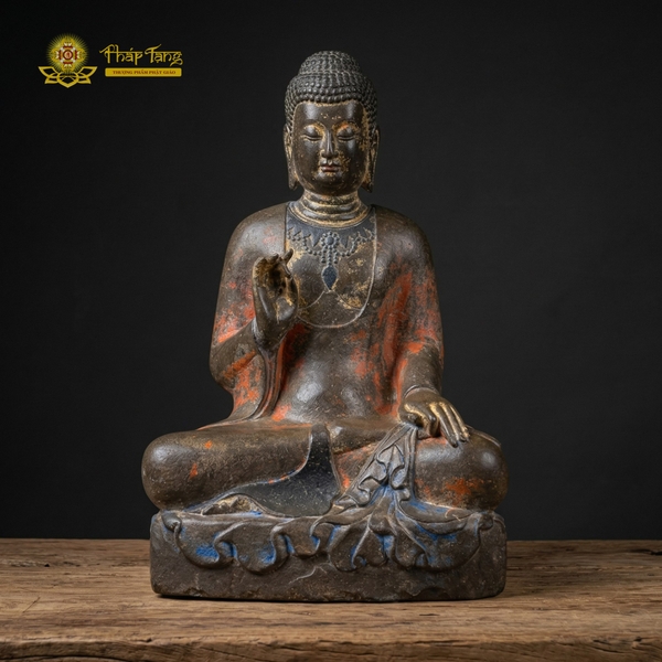 Tượng Phật Thích Ca ấn Giáo Hóa đá xanh đồ xưa sưu tầm 60cm