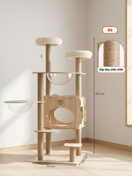 Cat tree nhà cây cho mèo bằng gỗ có đồ chơi HELIPET B6