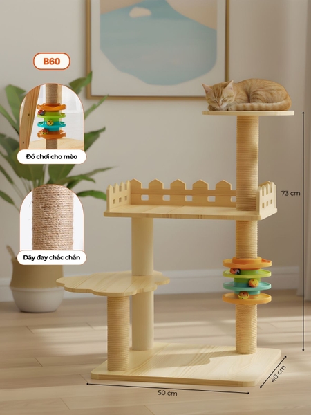 Cat tree nhà cây cho mèo bằng gỗ có đồ chơi HELIPET B60+