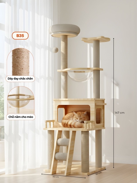 Cat tree nhà cây cho mèo bằng gỗ có đồ chơi HELIPET B35