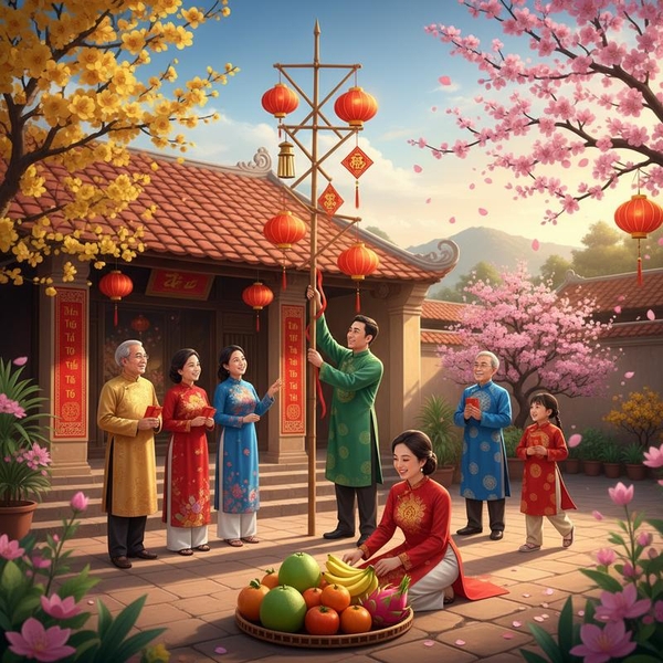 Giải mã các biểu tượng may mắn ngày Tết: Cây nêu, câu đối, mâm ngũ quả