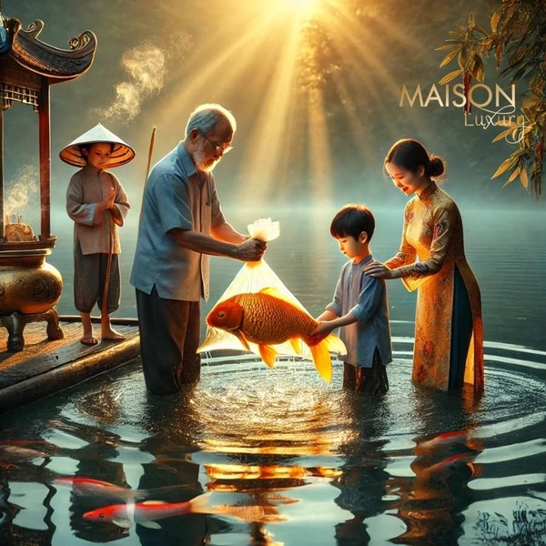 gia đình thả cá chép vào ngày ông Táo về trời