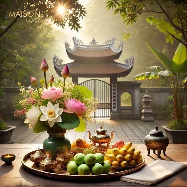 Mâm lễ vật đi lễ chùa gồm hoa sen, trái cây và bánh kẹo được sắp xếp gọn gàng trong khuôn viên chùa
