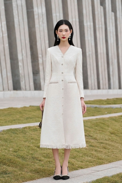 IPOMÉE DRESS - đầm Tweed thủ công cổ V đính ngọc trai