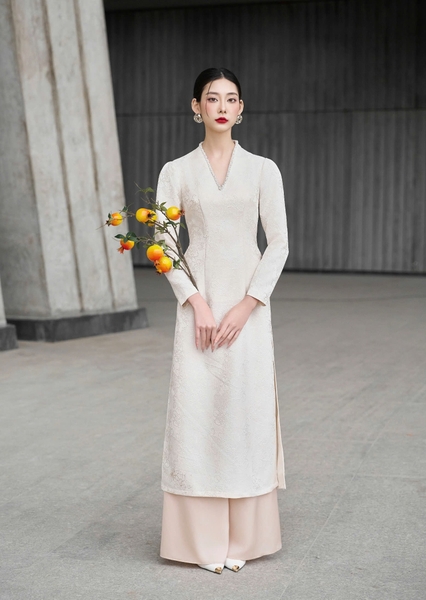 Áo Dài Kim Châu- Trắng Kem  ( Full set  )