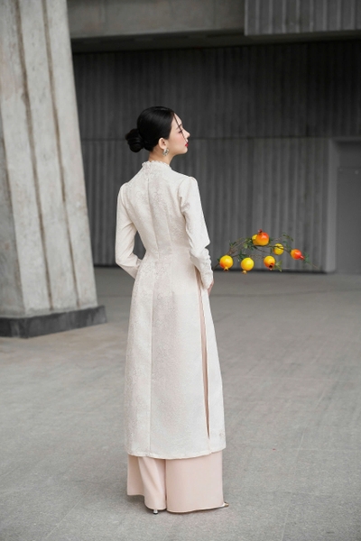 Áo Dài Kim Châu- Trắng Kem  ( Full set  )