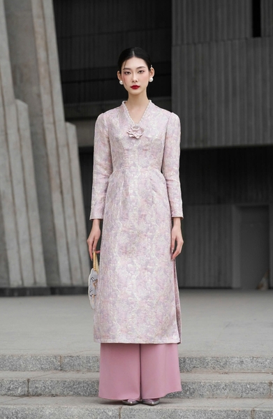 Áo Dài Kim Châu-  hồng tím ( Full set)