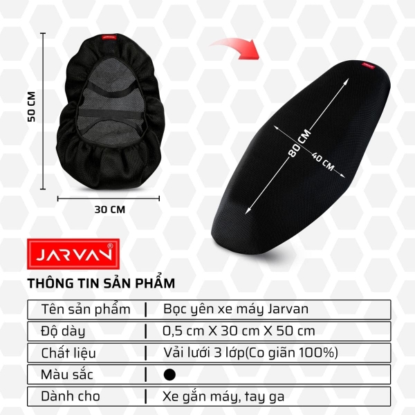 Bọc Yên Xe Máy JARVAN – Vải Lưới 3 Lớp Thoáng Khí, Êm Ái, Chống Thấm Nhẹ
