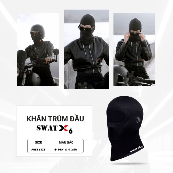 Khăn Trùm Ninja SWAT X6 – Vải Kim Cương Cotton Polyester Spandex, Lỗ Xỏ Kính Tiện Lợi, Logo Phản Quang, Chống Nắng Và Tia UV