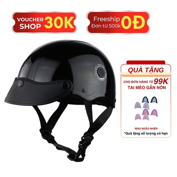 Mũ bảo hiểm nửa đầu HP02B đen bóng kèm kính Bogo và kính nửa mặt – An toàn, thời trang, chất lượng cao