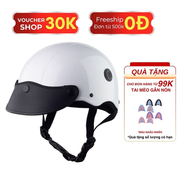 Mũ Bảo Hiểm Nửa Đầu HP02B Trắng Bóng Chính Hãng – Gắn Kính Bogo & Kính Nửa Mặt – Đạt Chuẩn Quatest 2