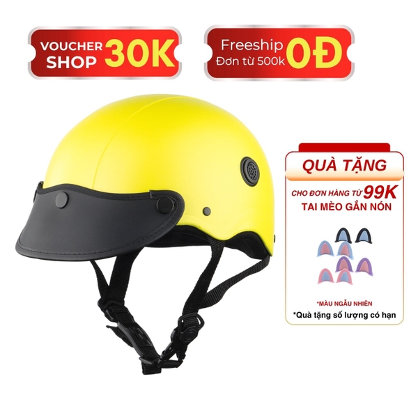 Mũ Bảo Hiểm Nửa Đầu HP02B Màu Vàng Nhám Gắn Kính Bogo – Kính Nửa Mặt – Tặng Kèm Tai Mèo
