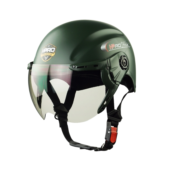 Mũ Bảo Hiểm Nửa Đầu Có Kính HP01K Màu Xanh Lính – Chính Hãng – Freesize 55–60cm