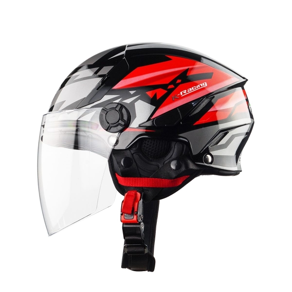 Mũ Bảo Hiểm 1/2 Đầu KLT K6 Tiger – Tem Racing Đen Đỏ, Kính Trong, Chuẩn CR Quatest 2