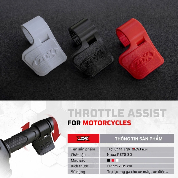 Trợ Lực Tay Ga ZDK TL01 – Nhựa PETG 3D Cao Cấp – Đen/Trắng/Đỏ