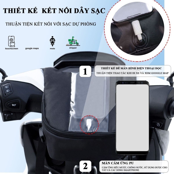 Túi Grab Treo Đầu Xe Máy Dọc – Cảm Ứng Mượt, Kết Nối Dây Sạc, 2 Ngăn Tiện Lợi Cho Shipper