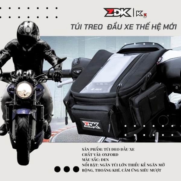 Túi Treo Đầu Xe Máy ZDK K3 Đựng Điện Thoại, Cảm Ứng Mượt, Ngăn Rộng 10L, Có Cổng Sạc