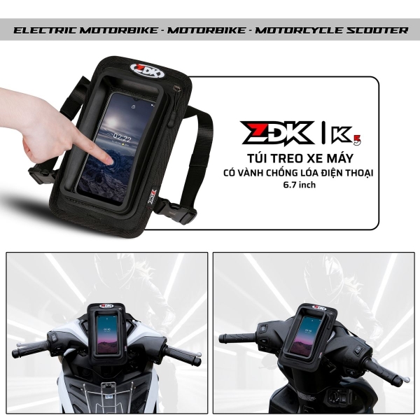 Túi treo đầu xe máy ZDK K5 chống lóa - đựng điện thoại 6.7 inch, chống nước nhẹ, cảm ứng mượt