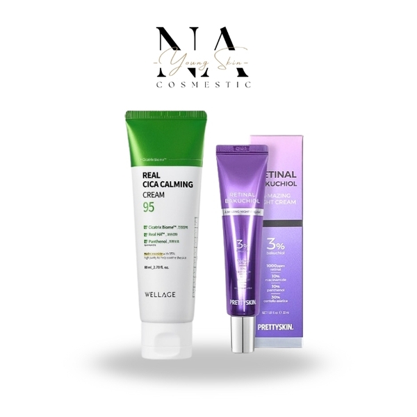 Combo Trẻ Hóa Tái Tạo Da Retinal 10ml-30ml PrettySkin+ Kem Dưỡng Phục Hồi Cica Wellage