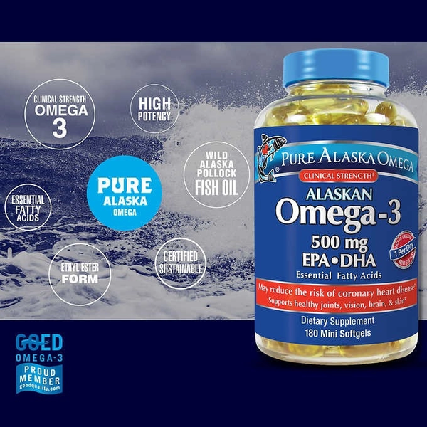 Viên uống dầu cá Pure Alaskan Omega3 500 mg EPA + DHA, 180 viên