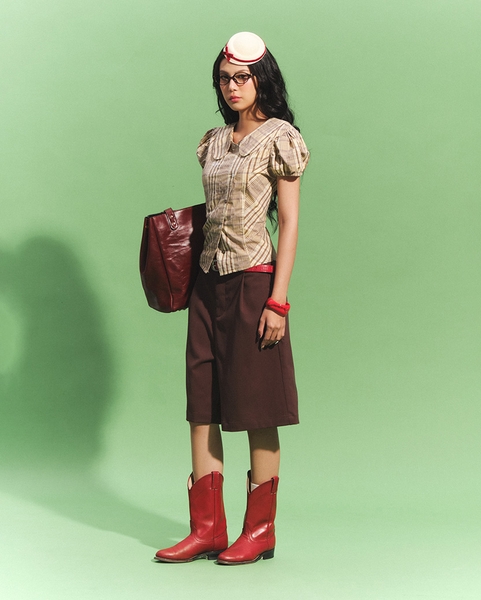 Plaid Puff-Sleeve Blouse - Butter