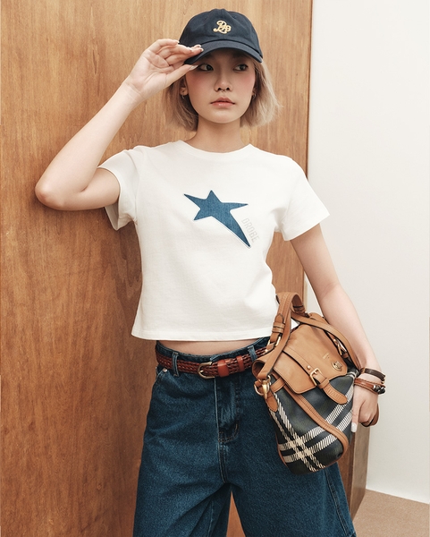 Glittered Star-Patch Baby Tee - Off-white