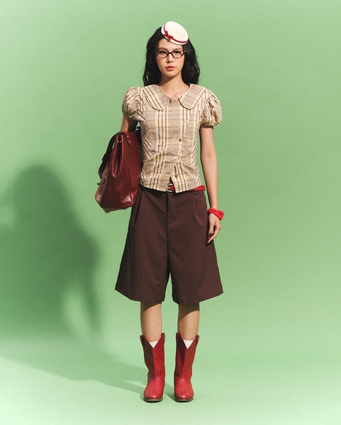 Plaid Puff-Sleeve Blouse - Butter