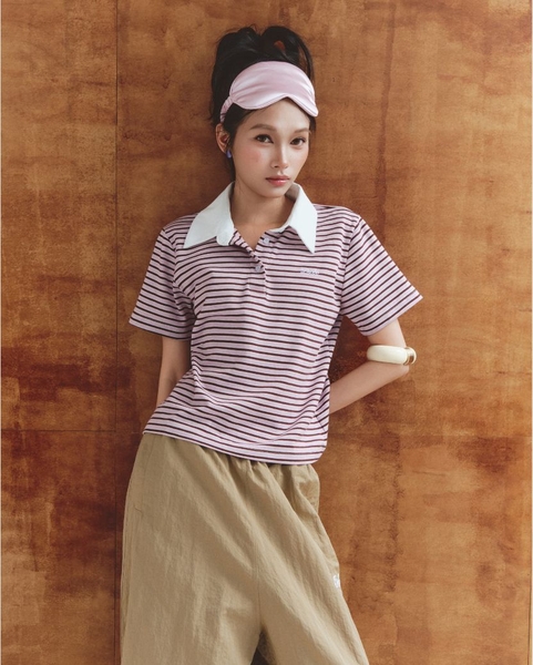 Cropped Striped Polo - Rose-wood