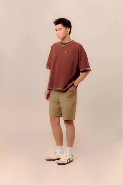 Contrast-stitched Henley Tee - Chocomint