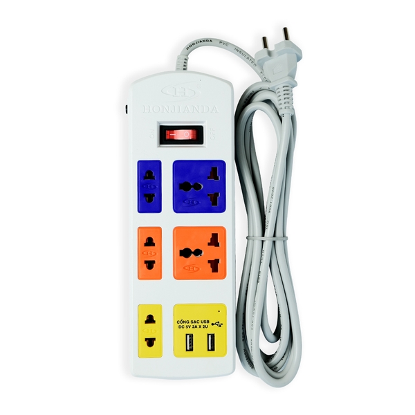 Ổ cắm điện Honjianda Mã 04 - công suất tối đa 2.500W, tích hợp cổng USB dây dài 3m, chất liệu ABS chịu nhiệt tốt