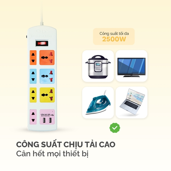 Ổ cắm điện Honjianda Mã 04 - công suất tối đa 2.500W, tích hợp cổng USB dây dài 3m, chất liệu ABS chịu nhiệt tốt