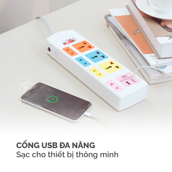 Ổ cắm điện Honjianda Mã 04 - công suất tối đa 2.500W, tích hợp cổng USB dây dài 3m, chất liệu ABS chịu nhiệt tốt