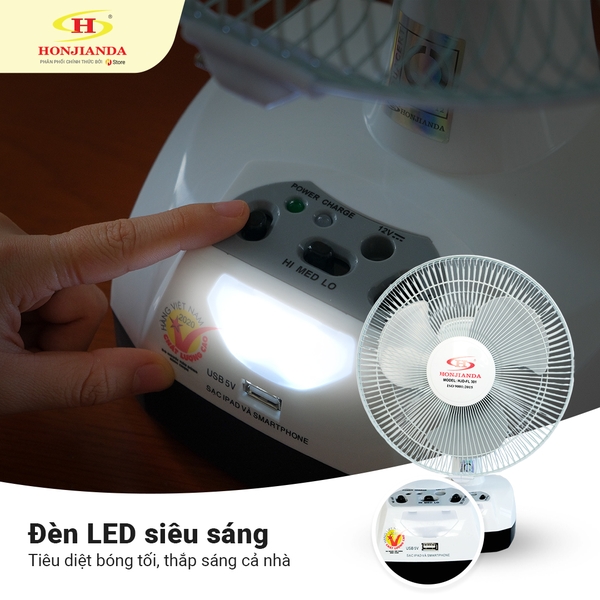 Quạt sạc tích điện Honjianda HJD FL301 - lồng quạt 12 inch, có tích hợp đèn LED hỗ trợ cúp điện