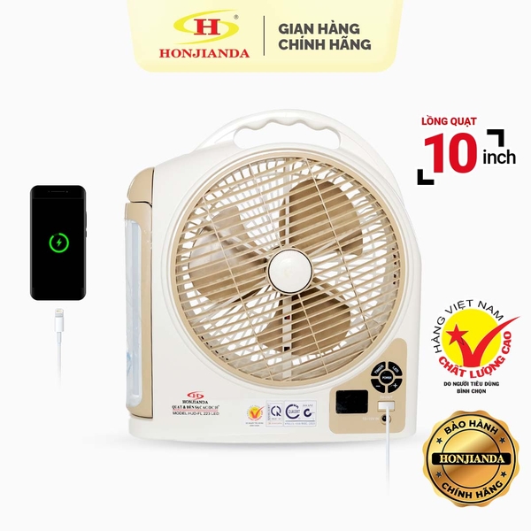 Quạt sạc tích điện dạng hộp Honjianda HJD FL223 - lồng quạt 10 inch, tích hợp cổng sạc USB 5V, có đèn LED hỗ trợ cúp điện