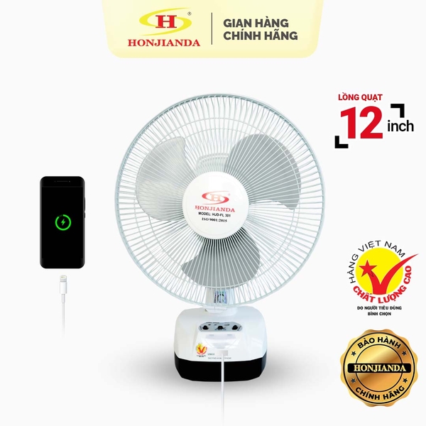 Quạt sạc tích điện Honjianda HJD FL301 - lồng quạt 12 inch, có tích hợp đèn LED hỗ trợ cúp điện