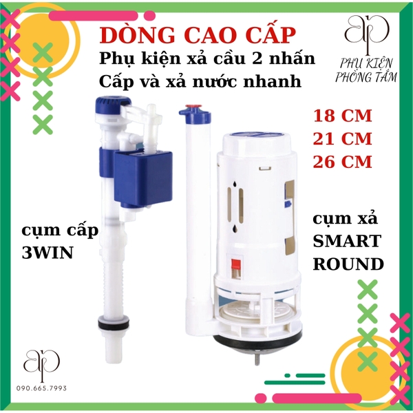 Bộ Xả Bồn Cầu Cao Cấp 3WIN SMART ROUND Nút Nhấn Bồn Cầu 1 khối 2 khối- Nhựa Hùng Anh