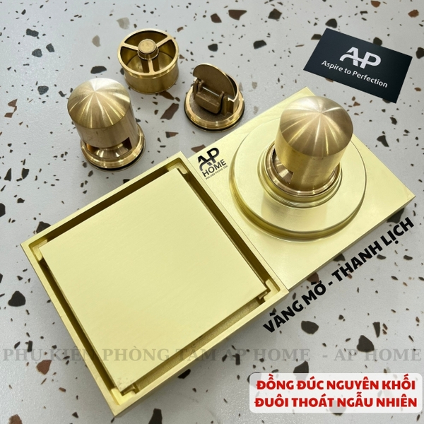 Phễu thu sàn đồng thau đúc nguyên khối mặt vuông nhiều màu lỗ thoát ống 60 90  -  Vàng mờ xước,10x10cm