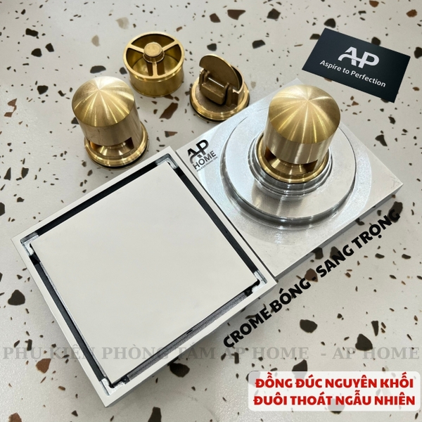 Phễu thu sàn đồng thau đúc nguyên khối mặt vuông nhiều màu lỗ thoát ống 60 90  -  Bóng crome,12x12cm