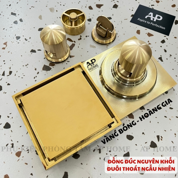 Phễu thu sàn đồng thau đúc nguyên khối mặt vuông nhiều màu lỗ thoát ống 60 90  -  Vàng bóng,12x12cm