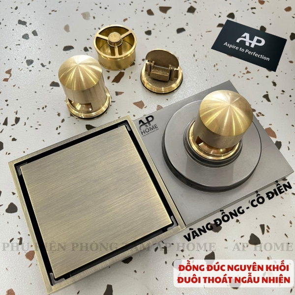Phễu thu sàn đồng thau đúc nguyên khối mặt vuông nhiều màu lỗ thoát ống 60 90  -  Vàng đồng,10x10cm
