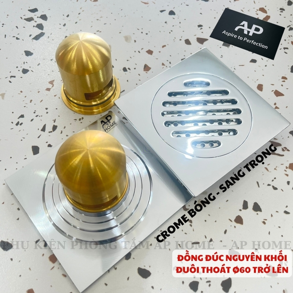 Phễu thoát nước bằng đồng đúc thu sàn chống hôi chống côn trùng hố ga chất liệu dày năng -   CROME BÓNG 12x12