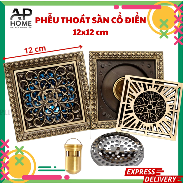 Phễu thoát sàn đồng hoa văn cổ điển kích thước 12x12cm -  12x12cm