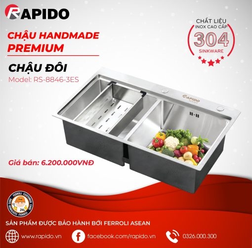 Chậu rửa bát inox 304 RS-8846-3ES (chậu đôi)