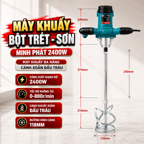 Máy Khuấy Bột Trét - Khuấy Sơn Minh Phát 2400w, Máy Khuấy Đa Năng Cánh Xoắn Đầu Trâu