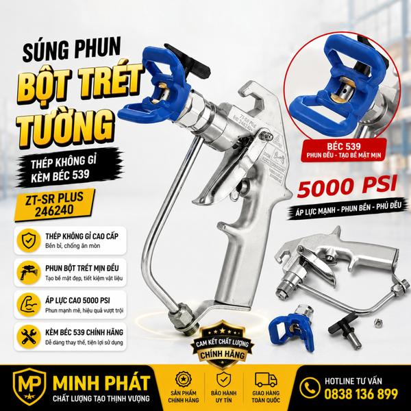 Súng Phun Bột Trét Tường Thép Không Gỉ Kèm Béc 539 ZT-SR Plus 246240 Minh Phát