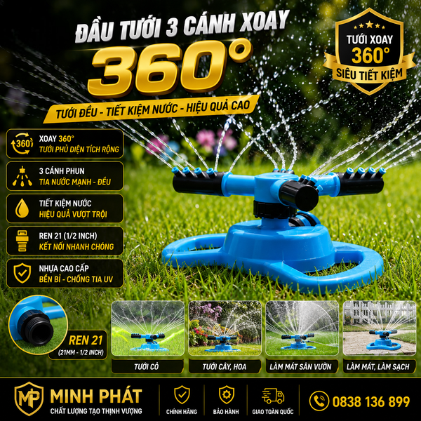 Đầu Tưới 3 Cánh Xoay 360° Minh Phát, Vòi Tưới 3 Cánh 360 Độ Ren 21 – ảnh 1