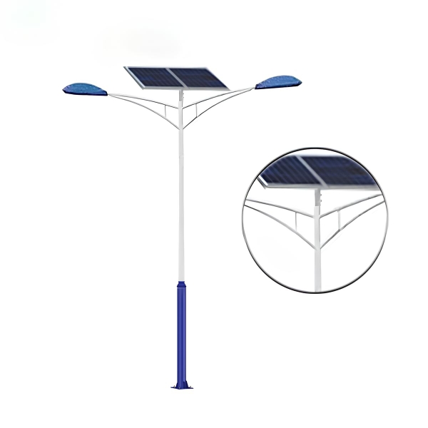 Cột đèn 2 nhánh SL-TD12 cán đôi đối xứng, hai chóa đèn xanh dương, tấm pin mặt trời ở giữa, kèm khung phóng to chi tiết cán