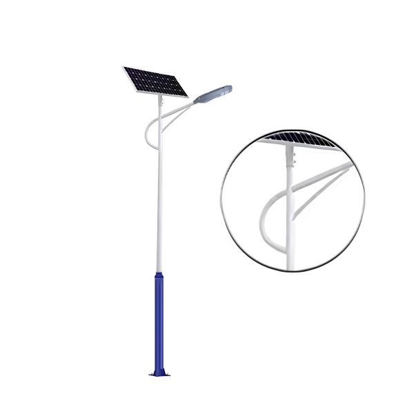 Trụ đèn năng lượng mặt trời 1 nhánh SL-TD07 cán bo cong phía sau thân trụ, tấm pin trên đỉnh, ô phóng to cán đèn