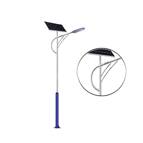 Trụ đèn năng lượng mặt trời 1 nhánh SL-TD08 cán bo cong hình chữ C có thanh giằng, thân trắng chân xanh, ô phóng to phần cán