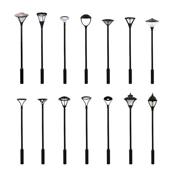 Cột đèn sân vườn Shine Light – 14 mẫu cột thân đen với nhiều kiểu chao đèn hiện đại và cổ điển, nền trắng